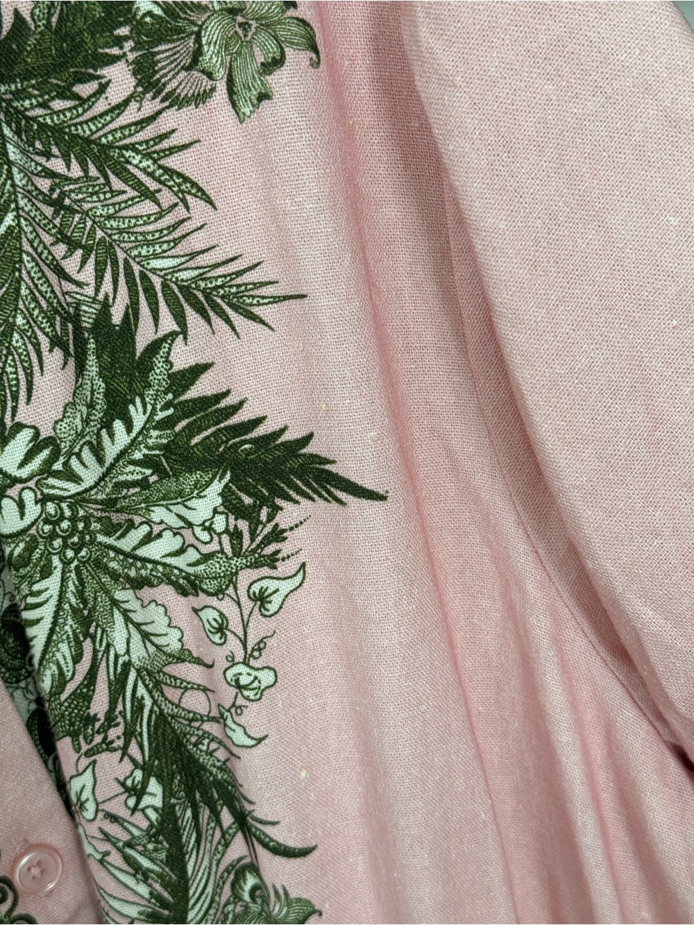Linen maxi dress button down shirt collar tropical palm print pockets blush - Picture 9 of 15